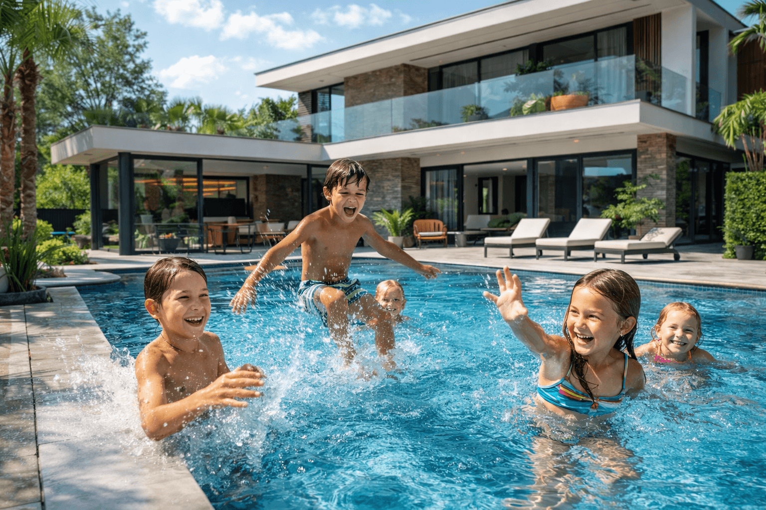 Família se divertindo em piscina moderna de uma casa contemporânea